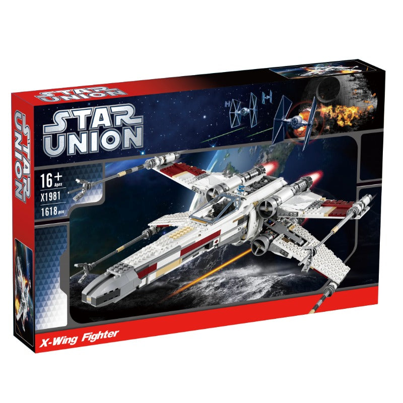 Assembled starfighter spacecraft building block model