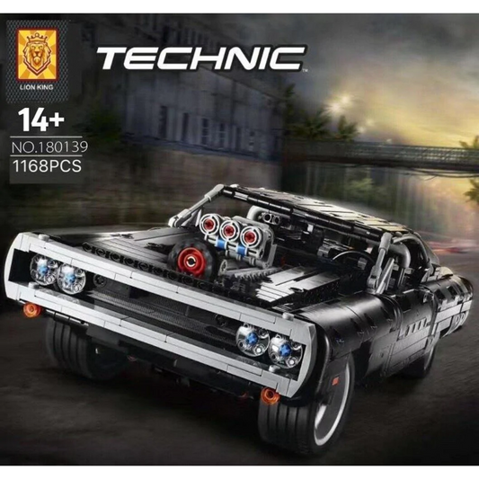 Classic muscle car building block model, front angle view
