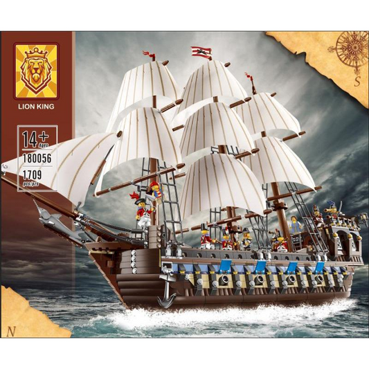 Large multi-mast pirate ship building block model, side view