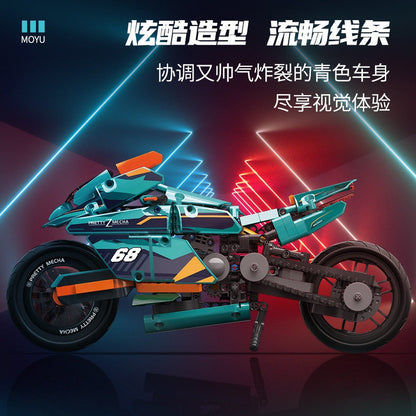 Assembled 669-piece motorcycle brick model from the side