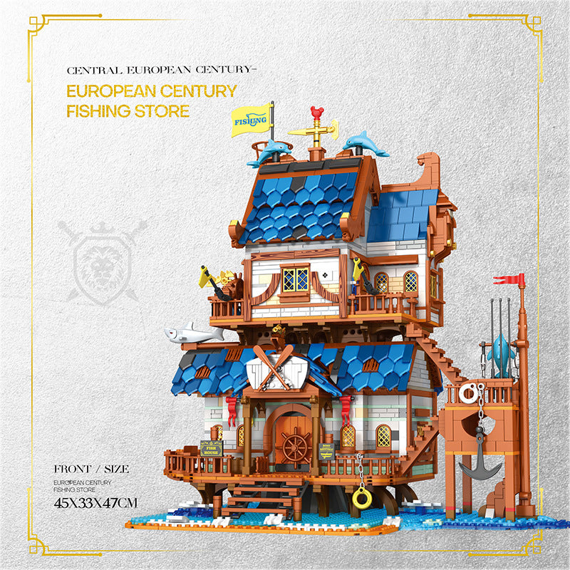 medieval fishing house building block set display setting view