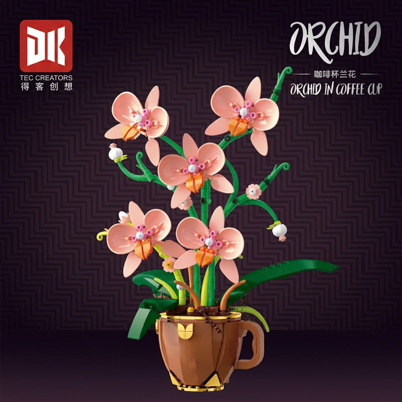 Coffee cup with orchid building block set, fully assembled
