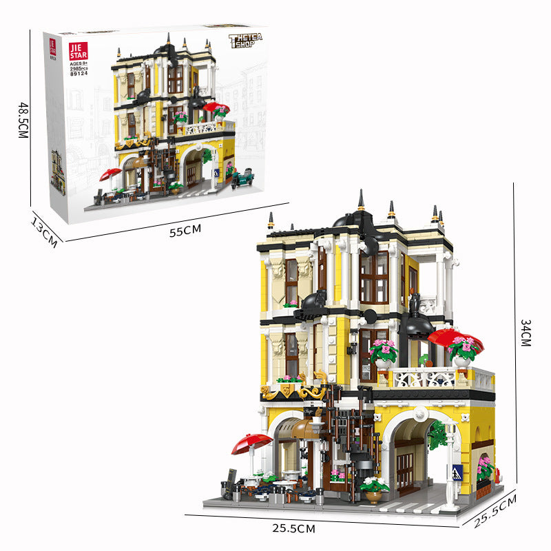 tea shop building block set assembled model close-up