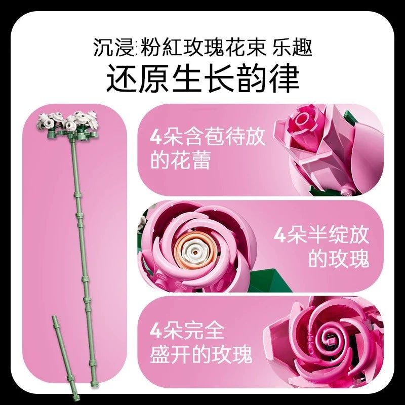 Pink rose bouquet building block set shown from another angle