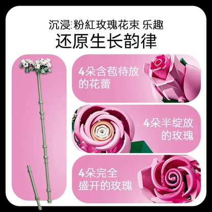 Pink rose bouquet building block set shown from another angle
