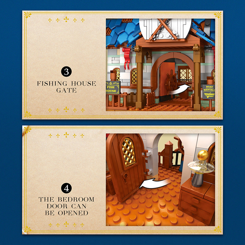 medieval fishing house building block set structural detail close-up