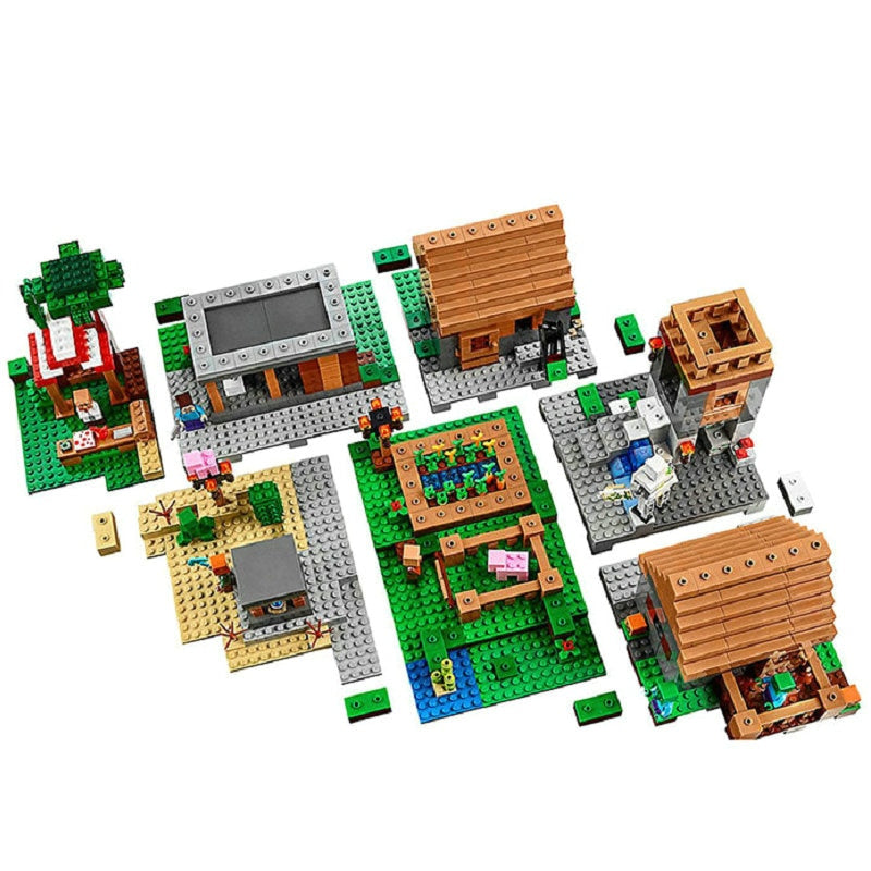 Wide view of a village building block set with multiple structures