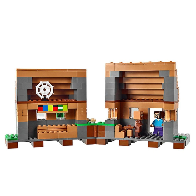 Character action figure standing among block-built village houses
