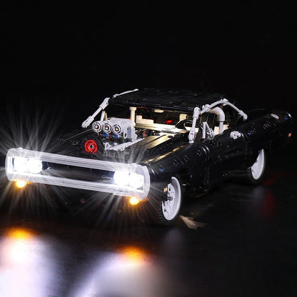 Close-up of the LED lighting kit for a muscle car building block set