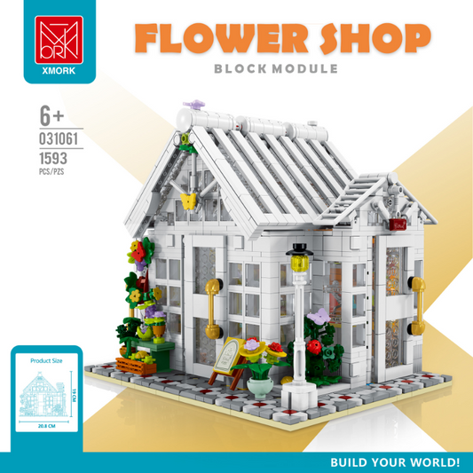 Flower shop building block set assembled with 1593 pieces